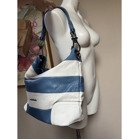Angel Barcelo Nautical Stripes Tote Bag In Blue & White Pebbled Leather - Picture 4 of 9